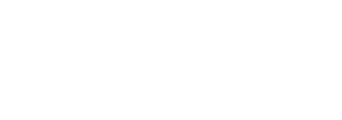 A black and white image with the word "aspire" in large letters and "GRESHAM" in smaller letters below it.